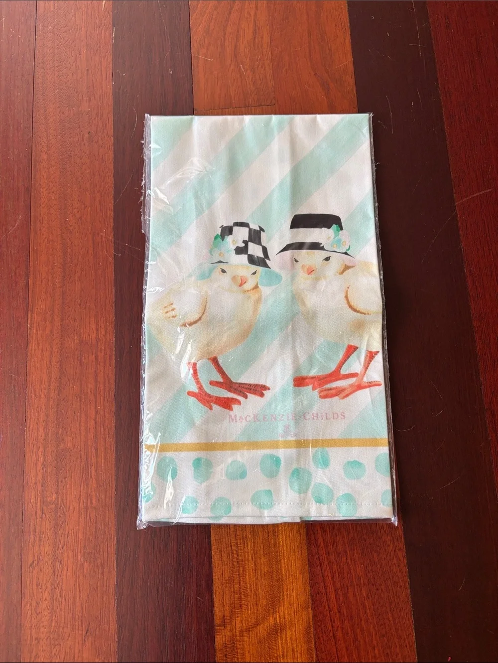 MacKenzie-Childs Mint and Coral Chick Dish Towel